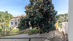 A residential area with a white house, a tree with green leaves and orange fruits, a narrow alley, and a white wall with a metal railing. - Vacation Home 'Mi Idilio' with Mountain View and Wi-Fi (Teror)