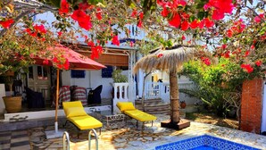 Un área de piscina con dos sillas reclinables amarillas, una palmera y una piscina con azulejos.