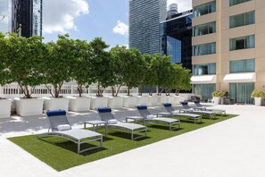 Eine Dachterrasse mit Liegestühlen und Pflanzen, umgeben von Bäumen und modernen Gebäuden.