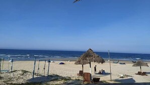 Una platja amb paraigües de palla, cadires de fusta i una tanca.