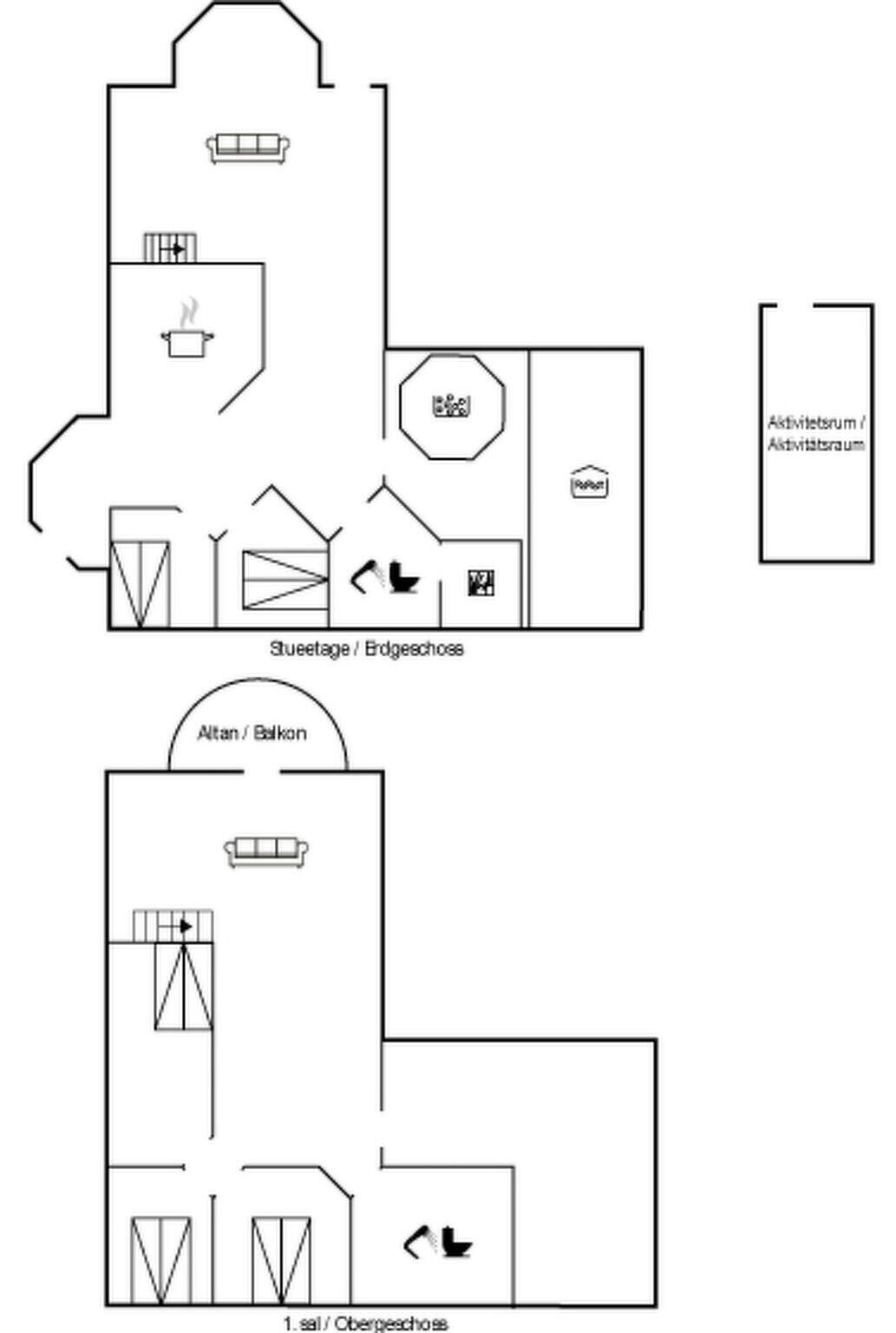 Een plattegrond met een woongedeelte, kitchenette en een badkamer.