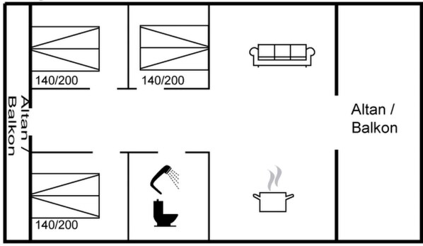 Un plan d’étage comprenant un balcon, une kitchenette et un espace de vie.