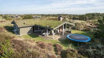 A house with a patio area, a trampoline, and a small shed.