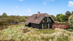 Een modern huis met rieten dak, grote ramen en een houten terras.