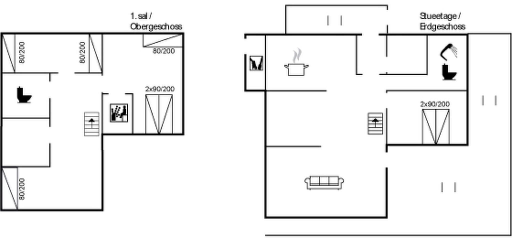 Un plan d’étage comprenant une salle de bain, une kitchenette et un espace de vie.