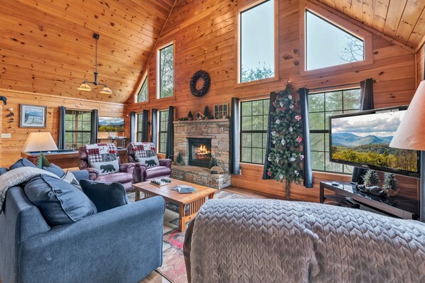 Cabin, Multiple Beds, Hot Tub, Mountain View (Bearway To Heaven II) | Living area | 42-inch flat-screen TV with digital channels, fireplace - Cabin in the Woods w/ Hot Tub & Games! (Sevierville)