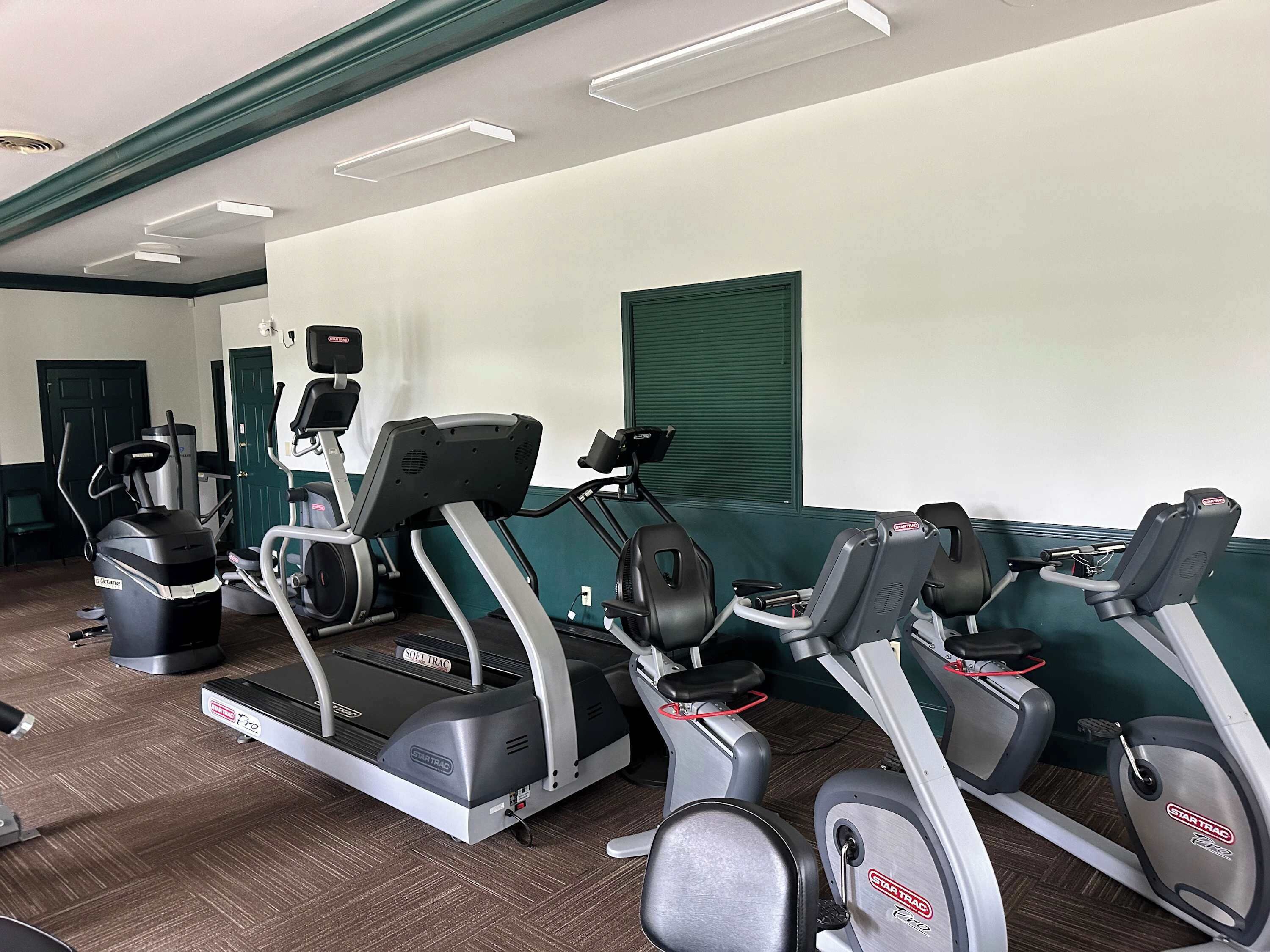 A gym with treadmills, ellipticals, and a stationary bike.