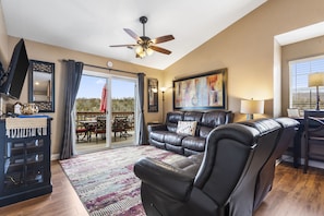 Condo, Multiple Beds, Pool Access | Living area | 40-inch flat-screen TV with digital channels, fireplace - The Lake Escape (Branson)