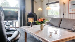 A cozy living room with a fireplace, a sofa, a TV, and a table with a vase of flowers. - "Emmi" - 2.5km from the sea by Interhome (Blåvand)