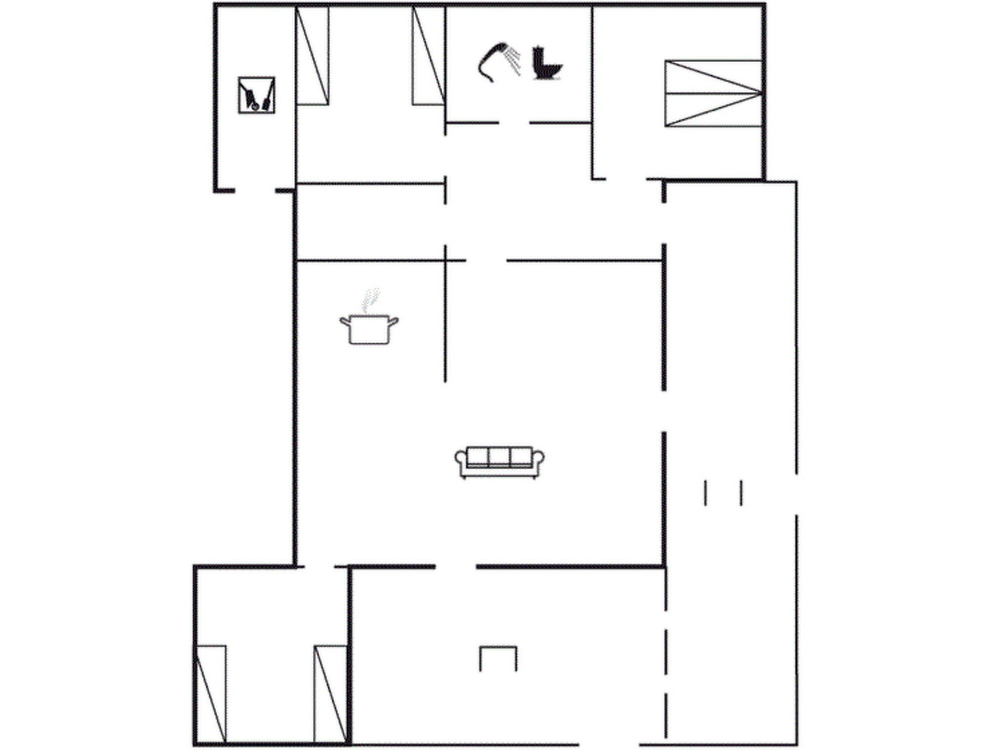A floor plan with a kitchen, dining area, and two bedrooms.