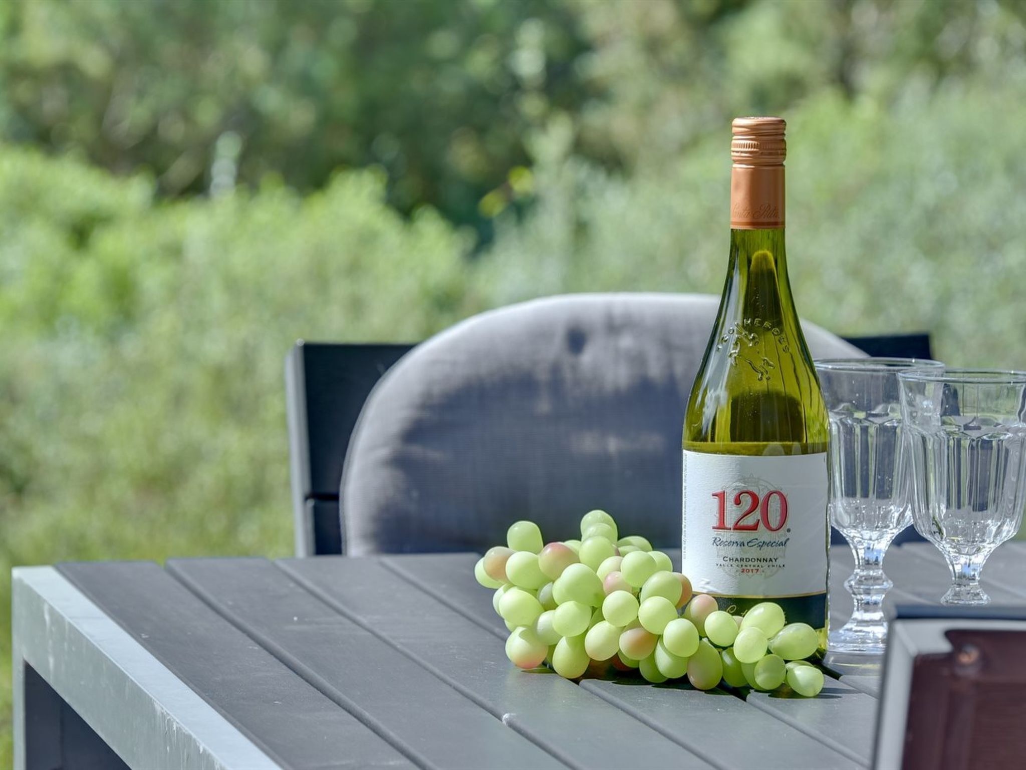 A bottle of wine, a bunch of grapes, and two glasses on a table with a blurred green background.