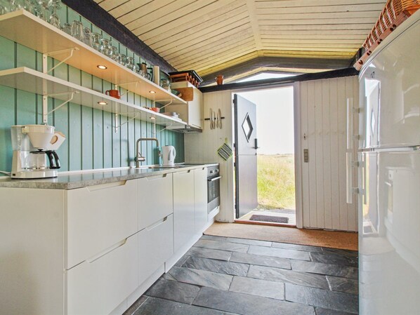 Fridge, oven, dishwasher, high chair