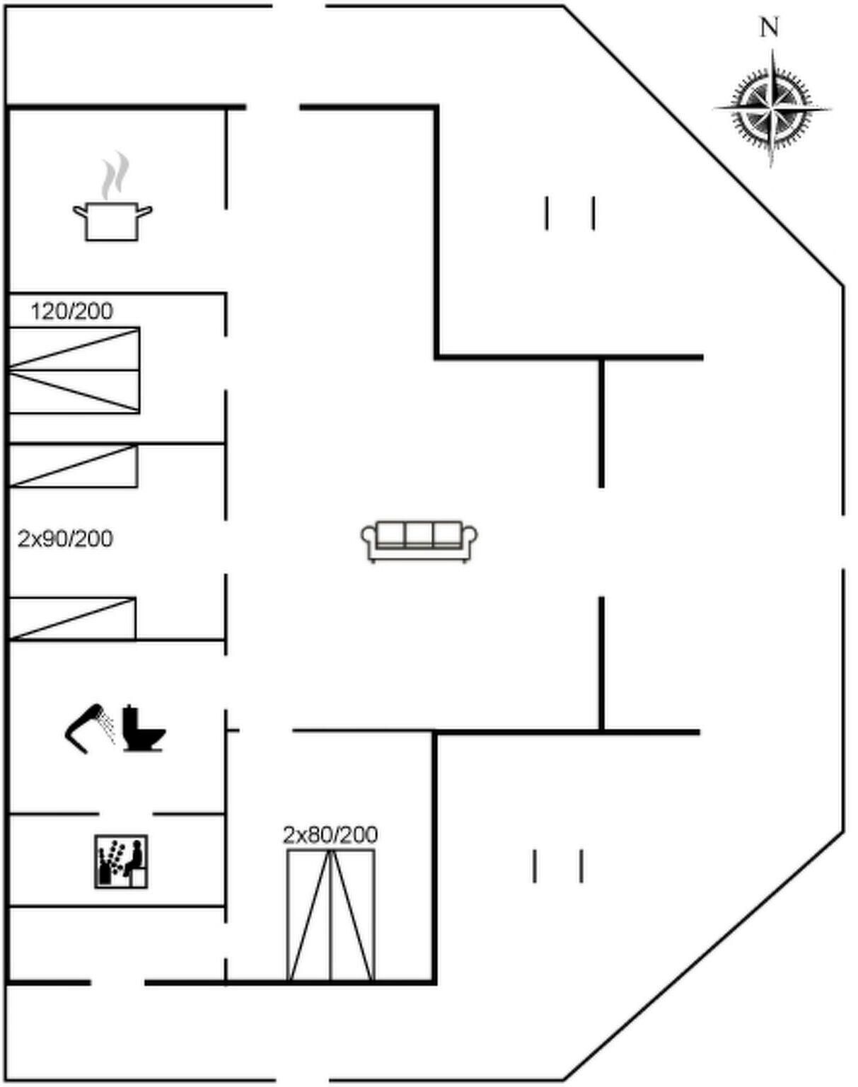 Plano de planta que muestra una cocina, un sofá, un inodoro y una zona de ducha.