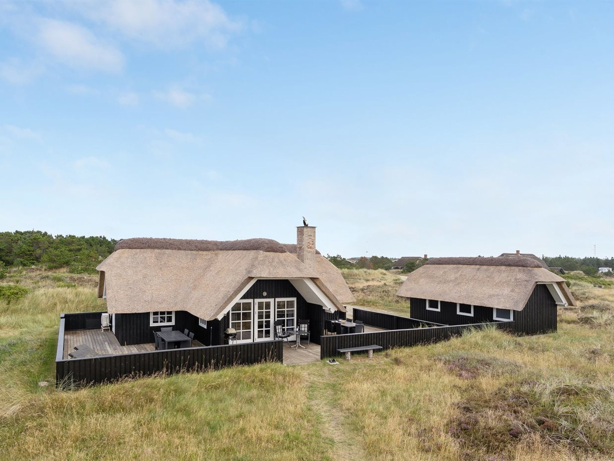 Deux charmantes chaumières aux toits de chaume, dotées de terrasses en bois et de rampes noires, se dressent au milieu d’un champ verdoyant sous un ciel dégagé.