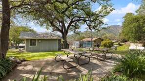 A picnic area with picnic tables and a small shed.