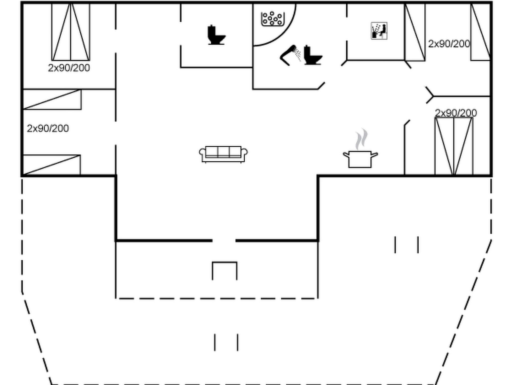 Planta baixa mostrando uma cozinha, duas casas de banho, uma sala de estar e uma sala de jantar.