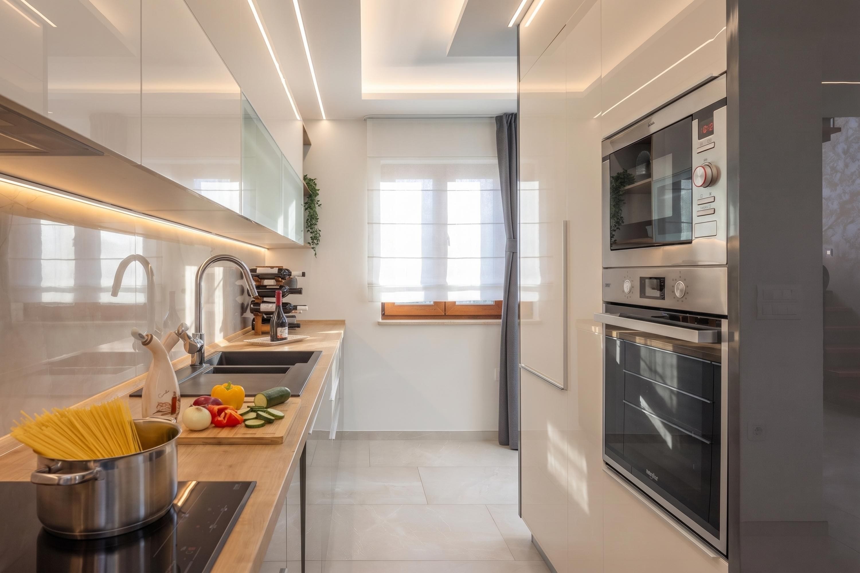 A modern kitchen with a built-in oven, a stainless steel refrigerator, and a window with curtains.