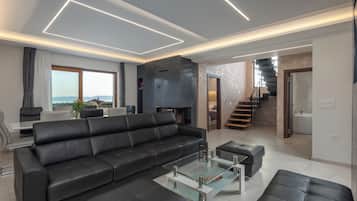 21-inch flat-screen TV with digital channels, TV, fireplace