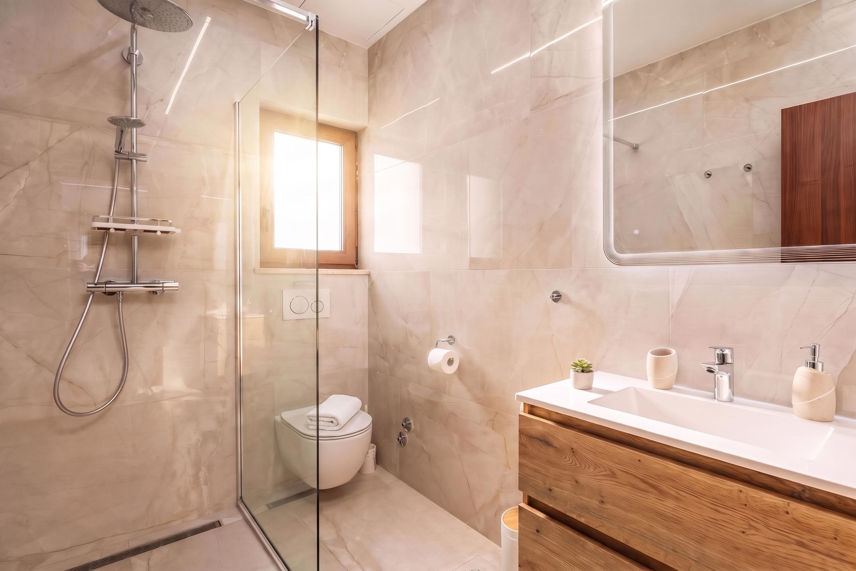 A modern bathroom with a glass-enclosed shower, a wooden vanity, and a large mirror.