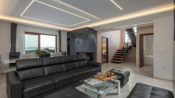 21-inch flat-screen TV with digital channels, TV, fireplace