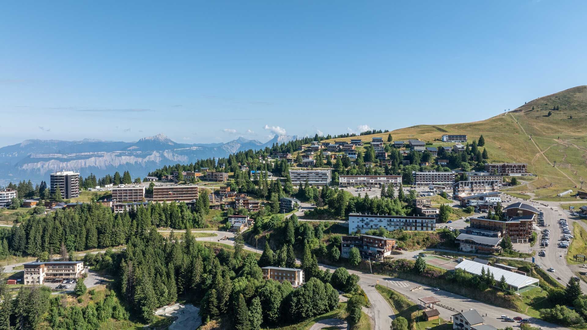 Una cittadina con un mix di edifici moderni e tradizionali, circondata da fitte foreste e montagne sullo sfondo.