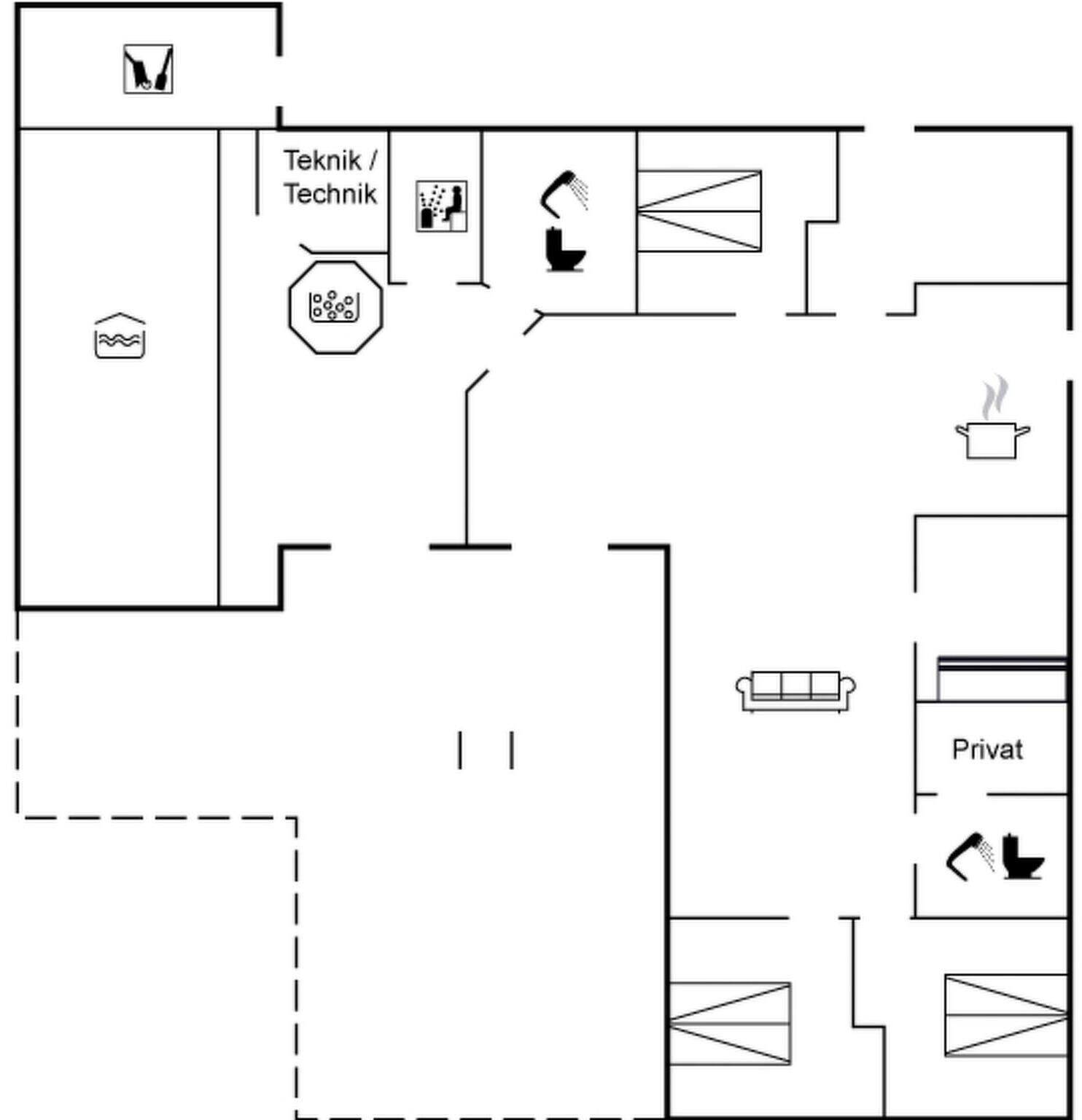 Ein Hotelgrundriss mit einer Küche, einem privaten Zimmer und einem Badezimmer.
