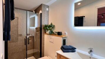 Shower, hair dryer, towels
