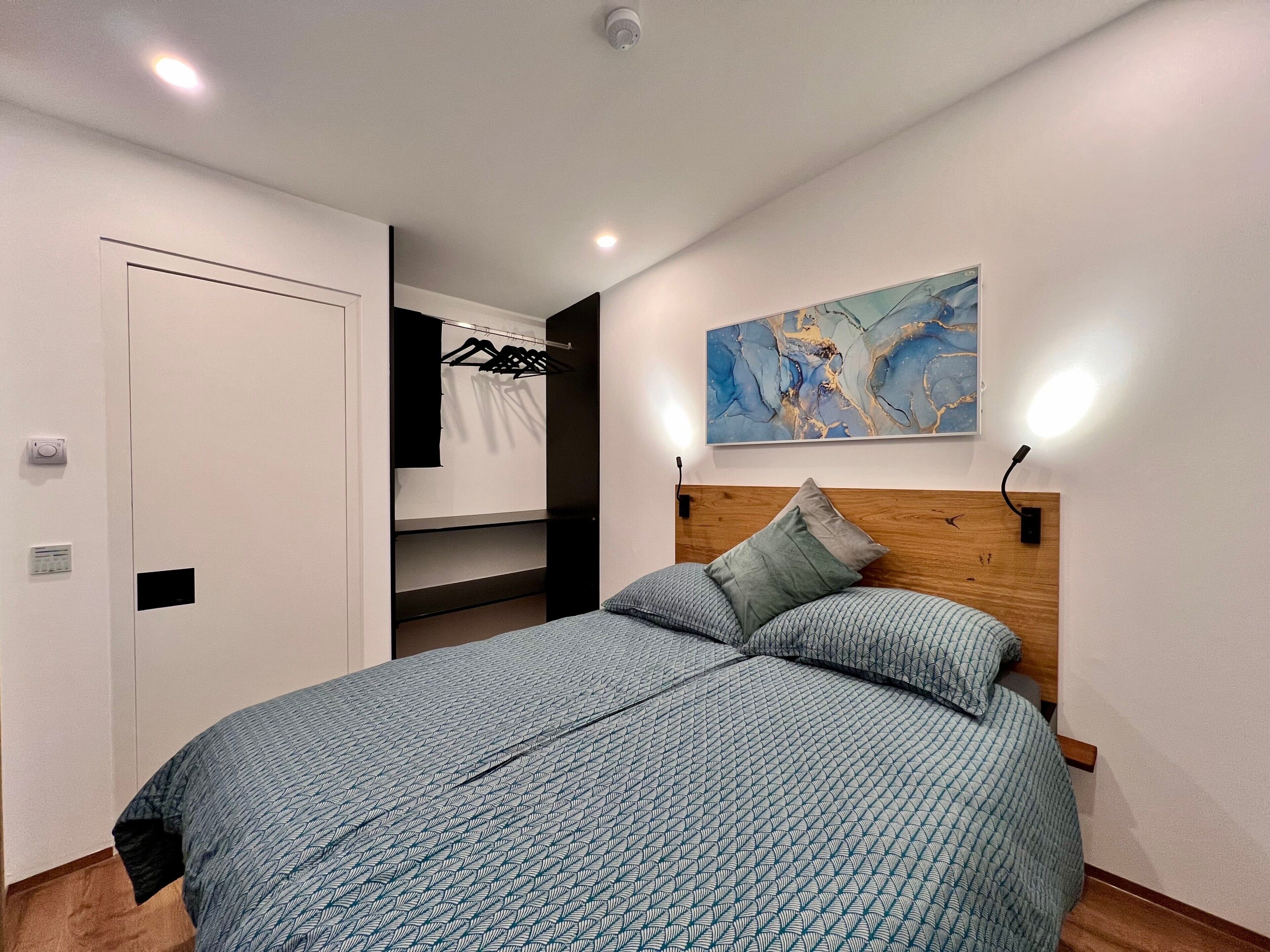 A bedroom with a bed, a headboard, a painting on the wall, a closet, and a door.