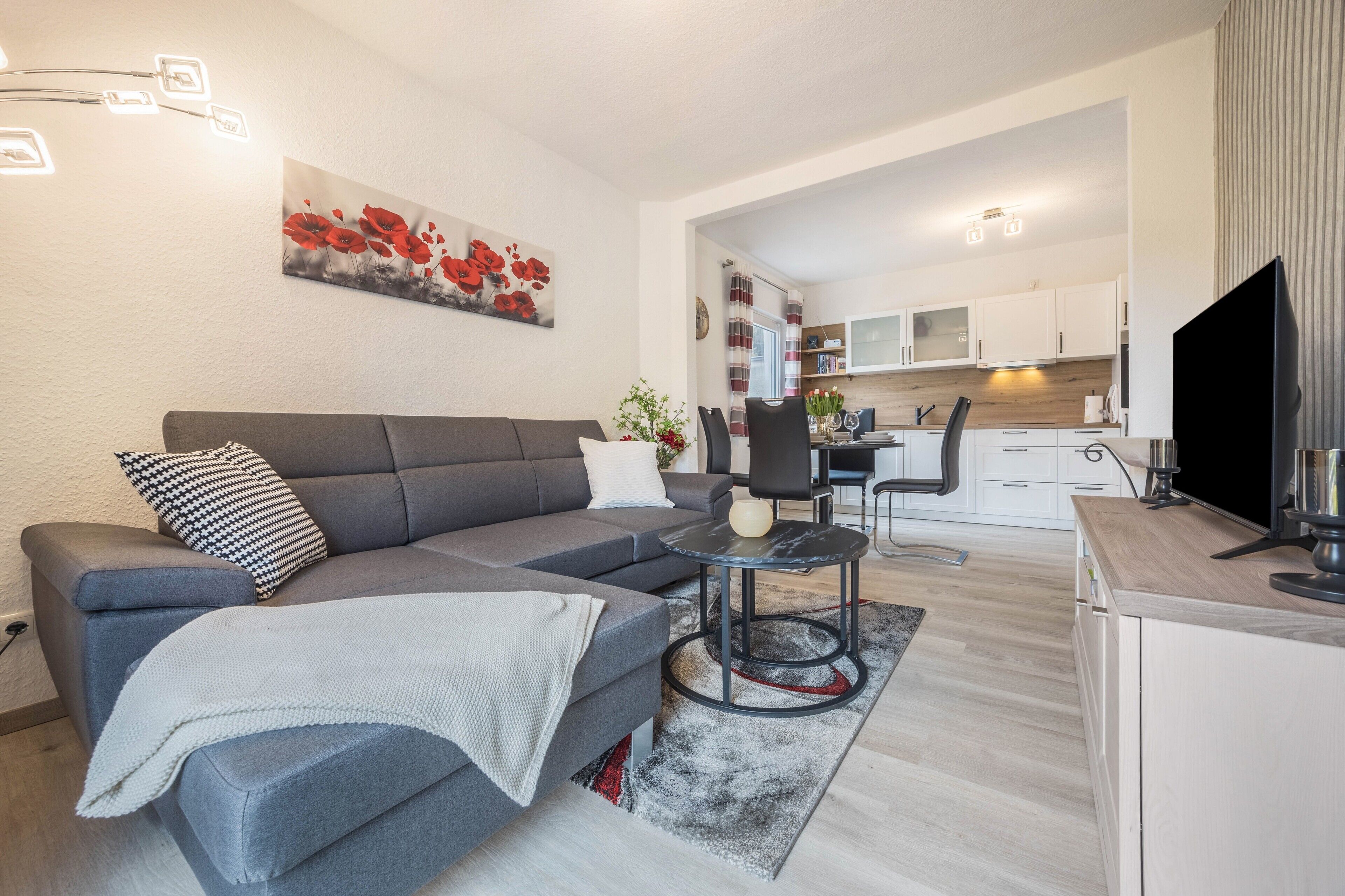 A modern living room with a grey sofa, a coffee table, and a TV.
