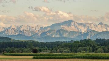 A mountainous landscape with fields and trees.