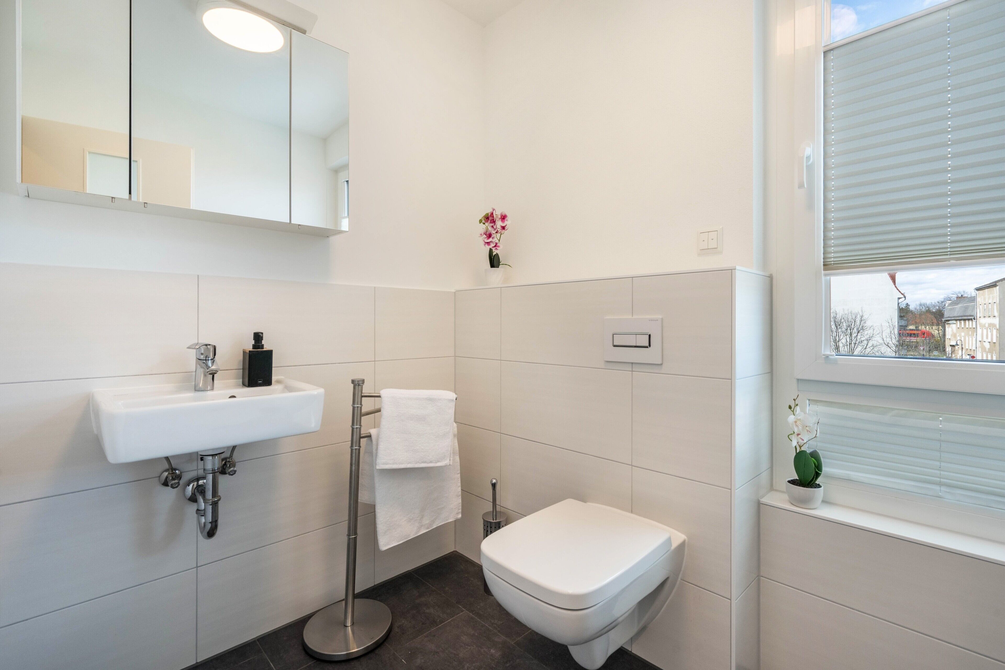 Ein modernes Badezimmer mit Waschbecken, Toilette und Spiegel.