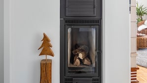 A modern fireplace with a glass door, a wooden tree decoration, and a wicker chair in the background.