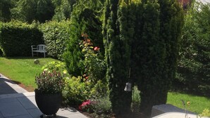A well-maintained garden with a variety of plants and a bench.