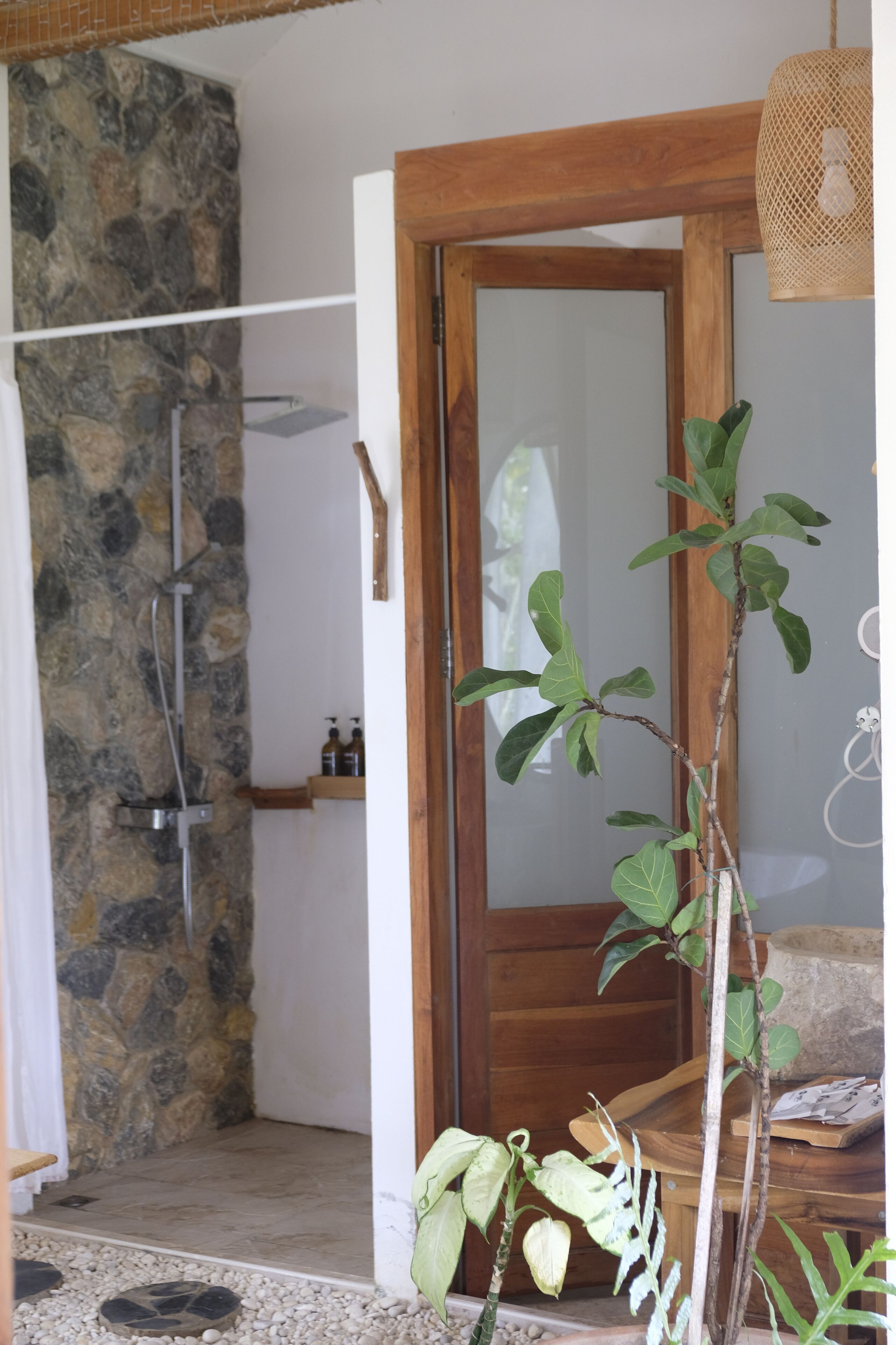 Een badkamer met een stenen muur, een houten deur, een douche en een plant.