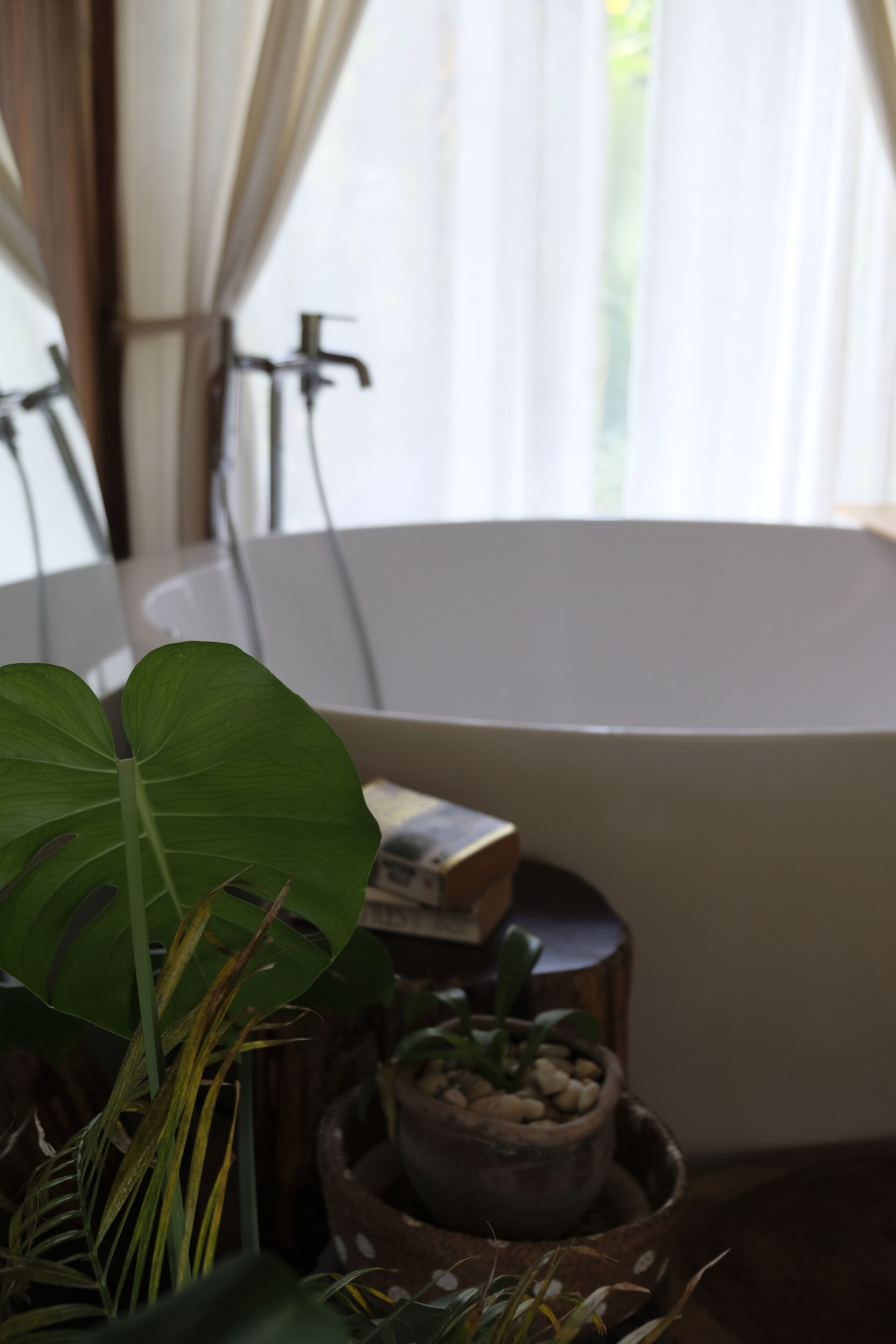 A bathtub with a wooden stool and a potted plant beside it.