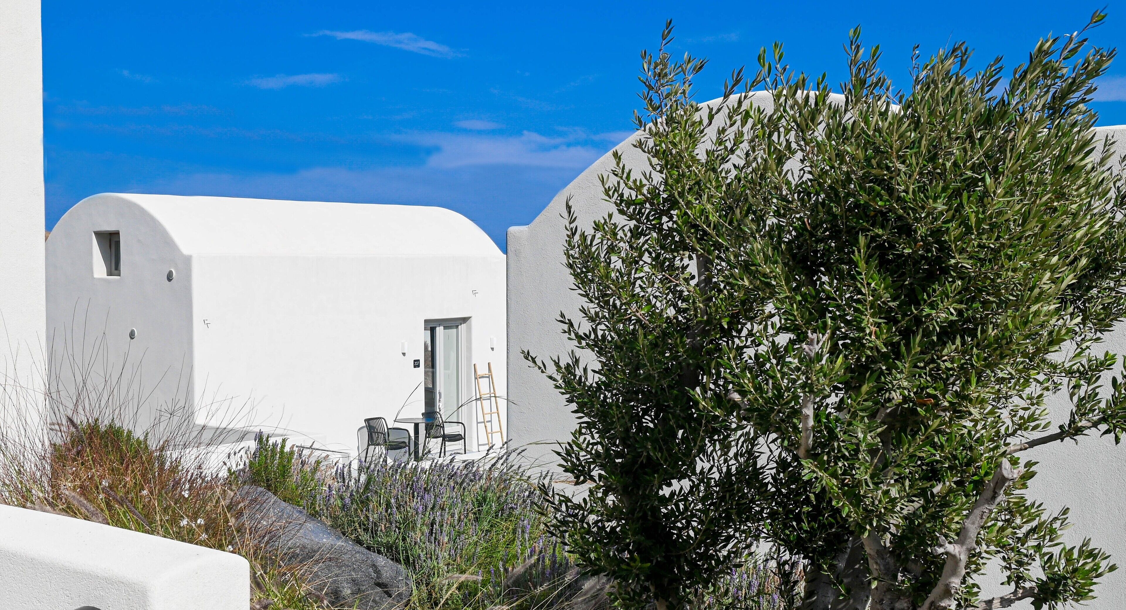 Un edificio blanco con una puerta y una ventana, rodeado de vegetación y un cielo azul despejado.