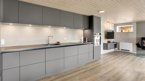 A modern kitchen with grey cabinetry, a wooden countertop, and recessed ceiling lights. - "Dirtje" - 200m from the sea by Interhome (Blåvand)