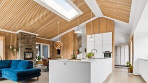 Un intérieur moderne avec un îlot central, une cheminée et un coin repas.