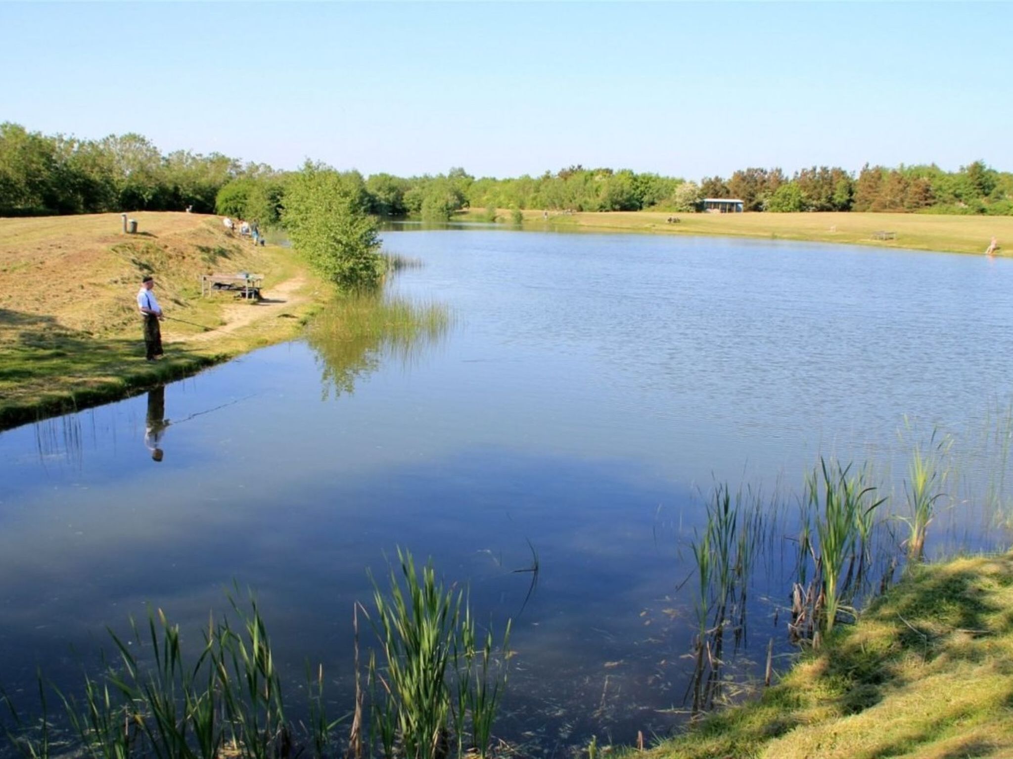 A calm river with a person fishing, surrounded by grassy banks and trees.