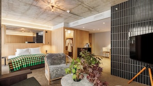A modern hotel room with a bed, seating area, TV, and a large plant. - Skostredet Hotel & Spa (Bergen)