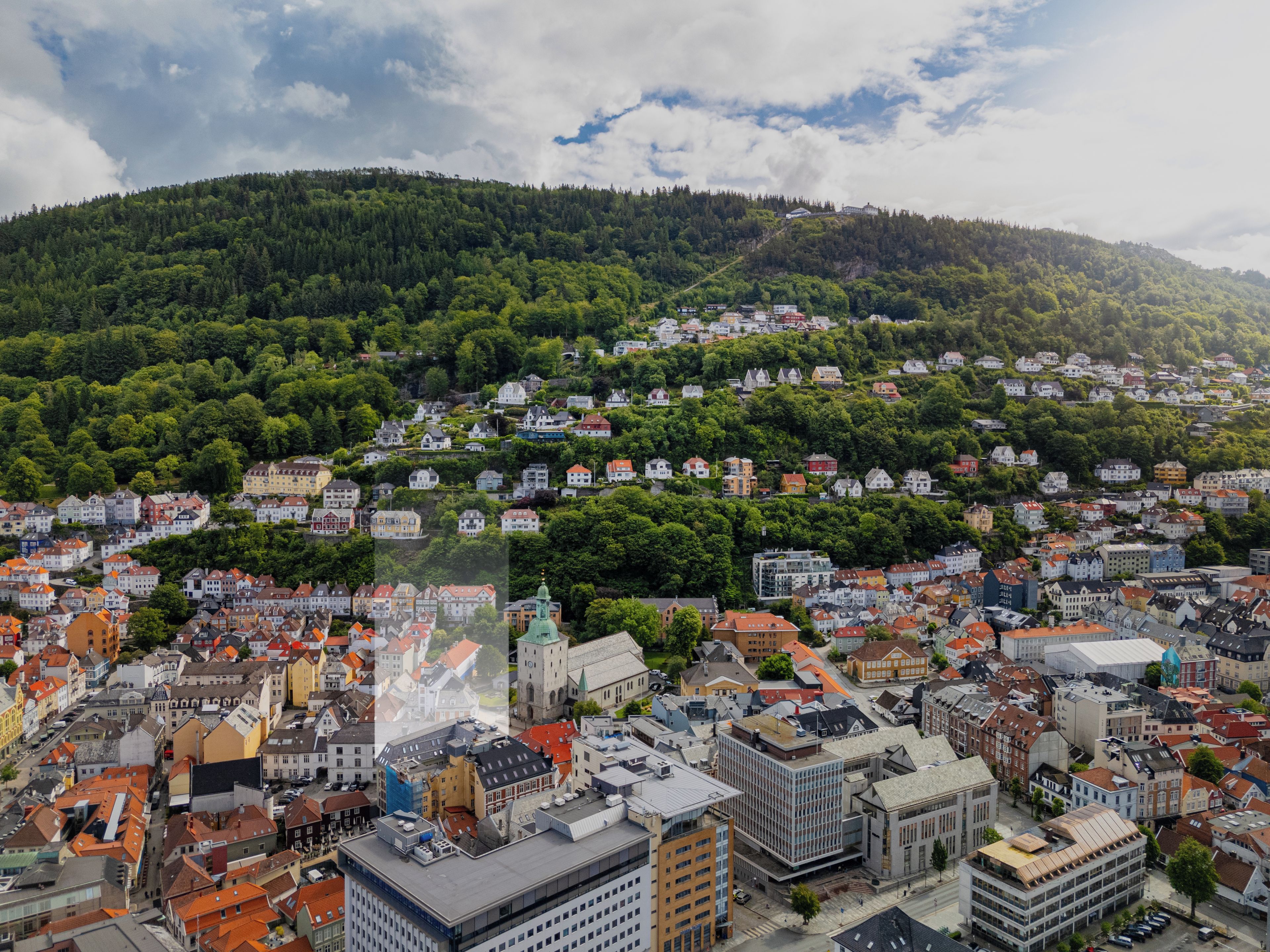A panoramic view of a town with a mix of residential and commercial buildings, a prominent church, and a hill with dense greenery in the background.