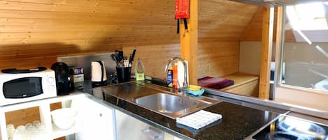 Réfrigérateur, micro-ondes, plaque de cuisson, cafetière/bouilloire