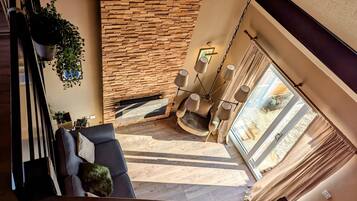 TV connectée, cheminée, livres