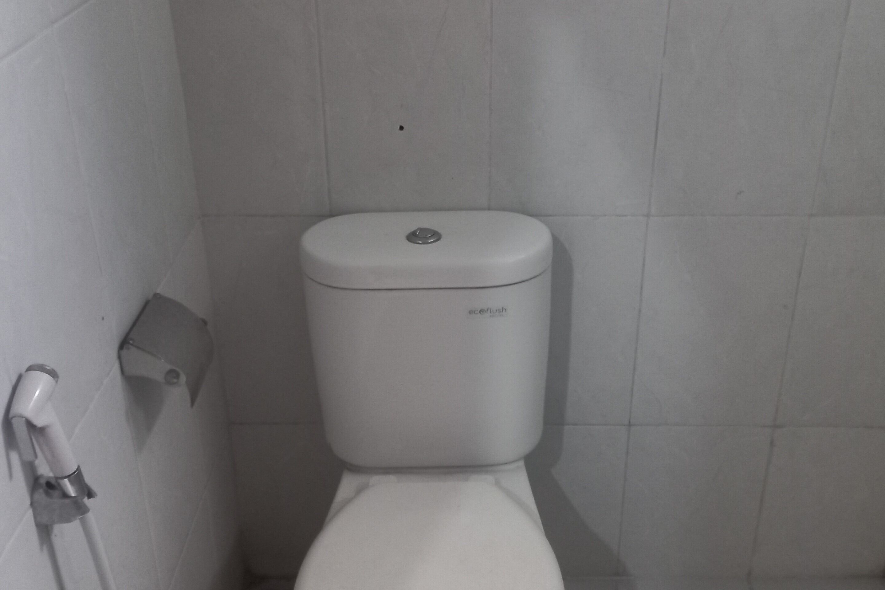 Un inodoro blanco con botón de descarga y un bidé empotrado en la pared.