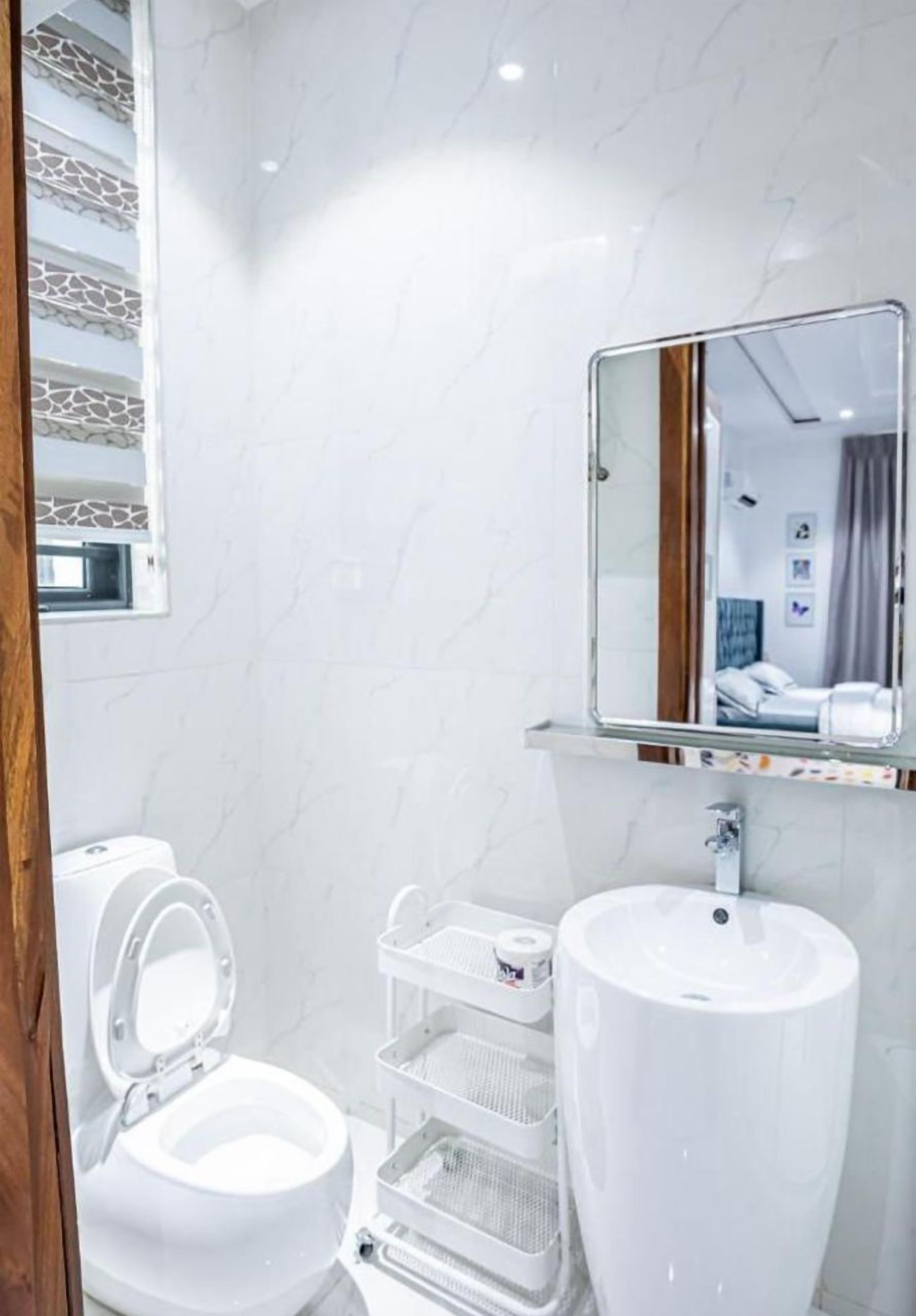 Un bagno moderno con il water bianco, un lavandino capiente e uno specchio sopra il lavandino.