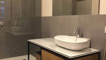 Shower, hair dryer, bidet, towels