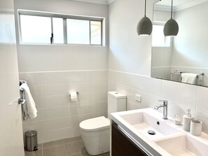 Shower, towels, soap, toilet paper