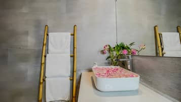 Shower, rainfall showerhead, hair dryer, slippers