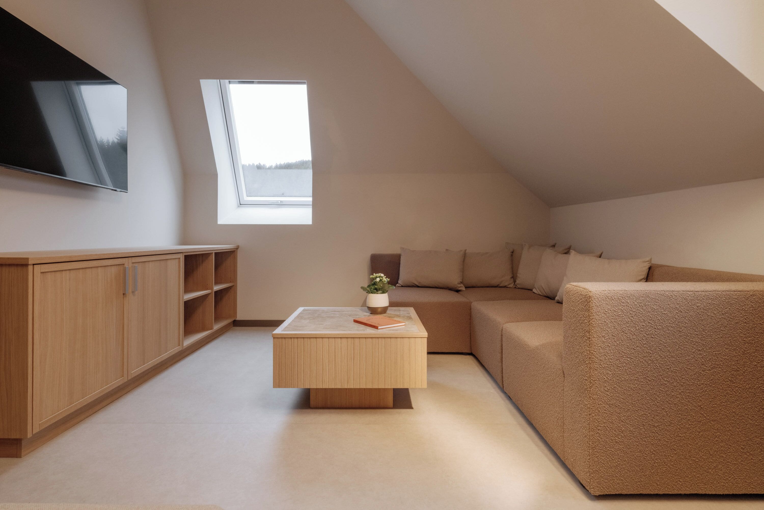 Una sala moderna con un aparador de madera, un sofá beige, una pequeña mesa de centro con una planta y un televisor montado en la pared.