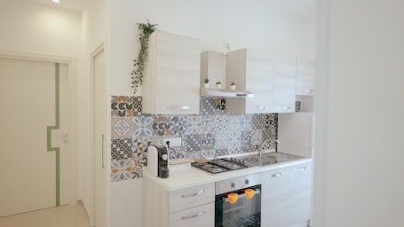 Deluxe Apartment | Private kitchen | Full-size fridge, microwave, oven, stovetop